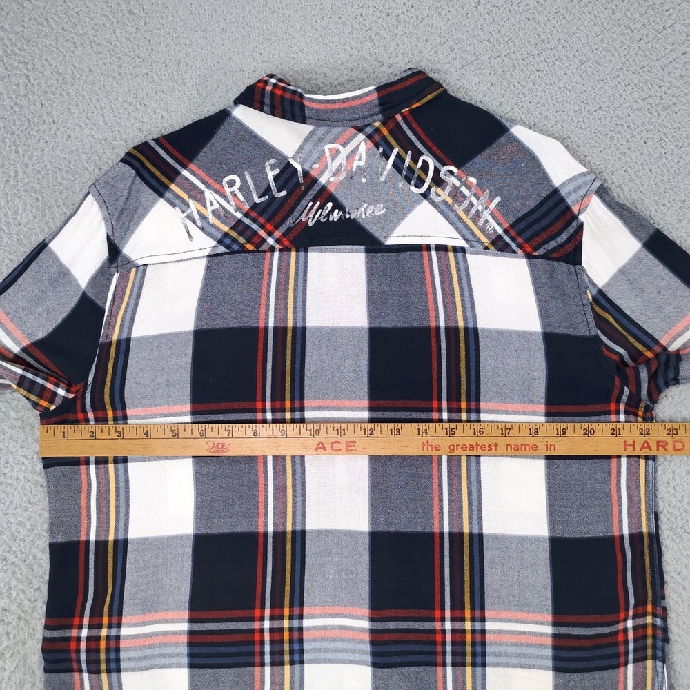 Harley Davidson Flannel Shirt Women Large Button Blue Colorful Front Back Logos - Picture 14 of 16